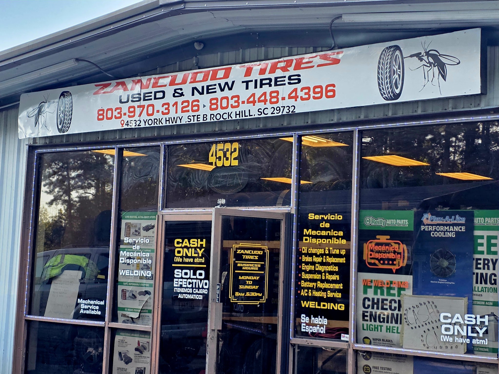Our shopfront on York Hwy with the Zancudo Tires sign above the door